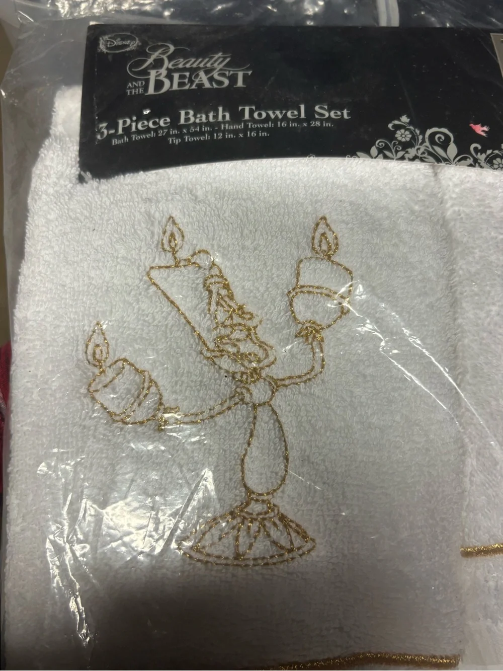 White & Gold Embroidered Bath Towel Set - 3 Piece Beauty & the Beast